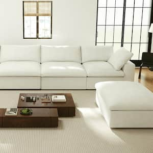 118 in. Square Arm 4-Piece Linen L-shaped Sectional Sofa Cloud Couch in White with Ottoman