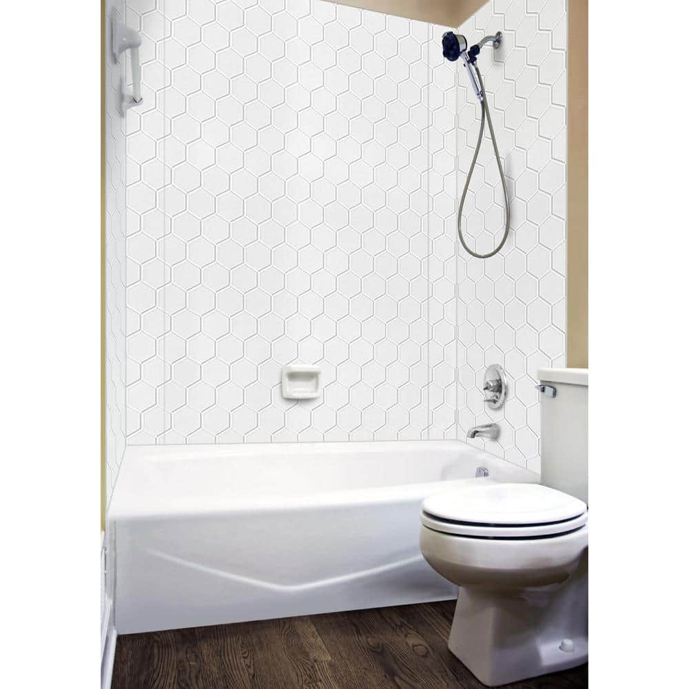 Gloss White Hex Tile PVC Glue-Up Tub and Shower Wall Panels