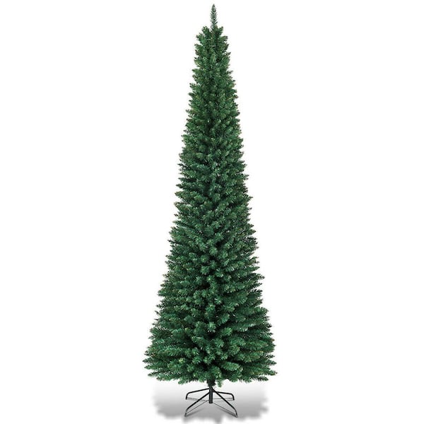 WELLFOR 8 ft. Green PVC Unlit Pencil Hinged Artificial Christmas Tree with Metal Stand