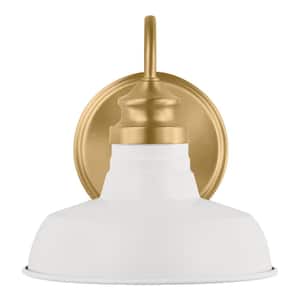 Elmcroft 7.63 in. 1-Light Brushed Gold Farmhouse Wall Sconce with Designer White Metal Shade