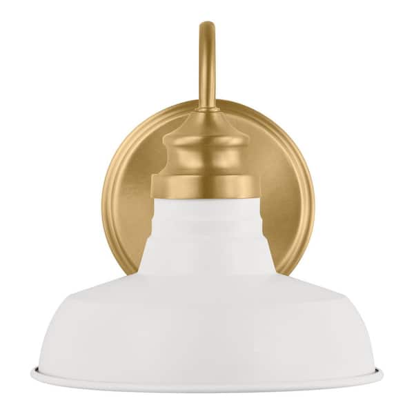 Hampton Bay Elmcroft 7.63 in. 1-Light Brushed Gold Farmhouse Wall Sconce with Designer White Metal Shade