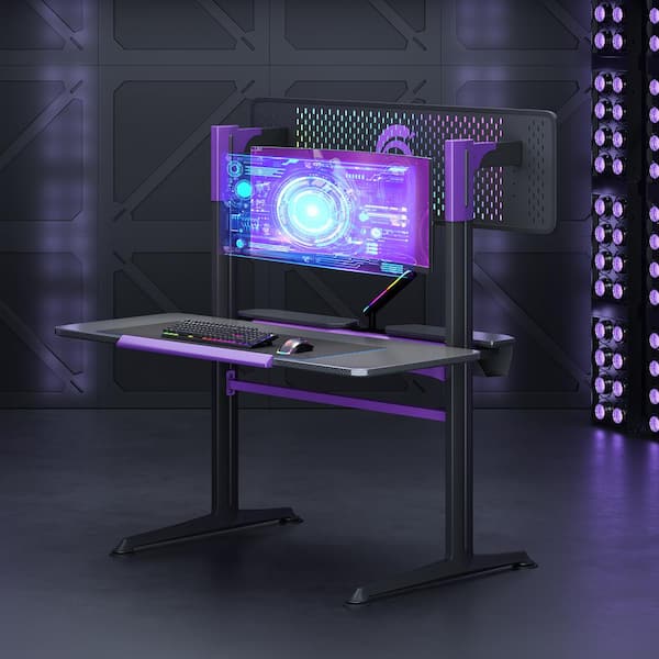 RSPGAME 54. 33in Black G Series Gaming Desk with RGB LED Lights, Power Outlets, and Cable Management System