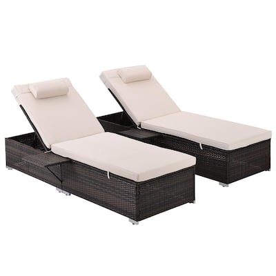 Twins Brown 2-Piece Wicker Outdoor Chaise Lounge with Beige Cushions