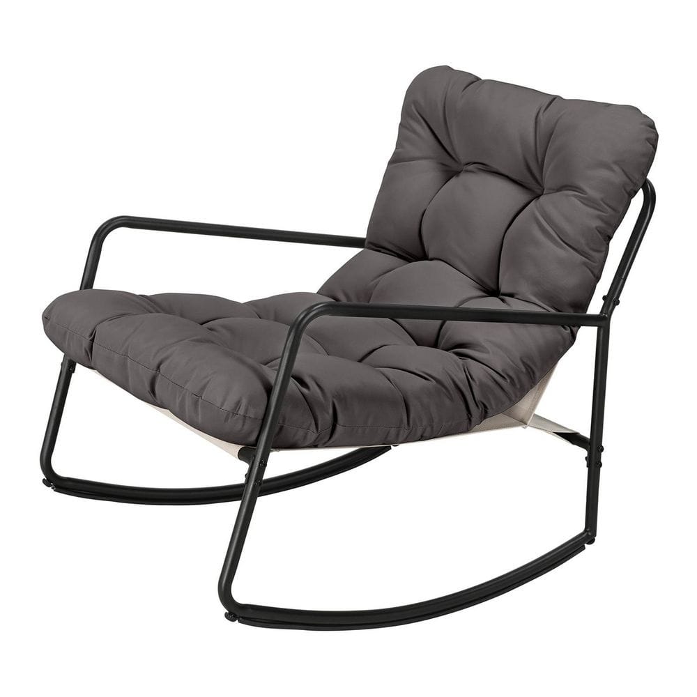 All-Weather Metal Outdoor Rocking Chair with Plush Dark Grey Cushion