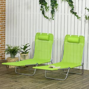 2-Piece Green Metal Outdoor Chaise Lounge with 6-Position Reclining Back and Headrest for Beach, Yard and Patio