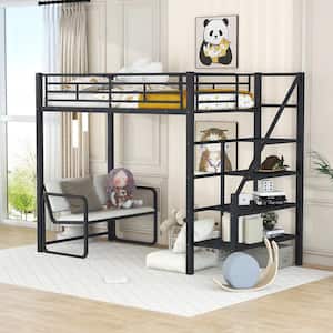 Black Twin Size Metal Loft Bed with Bench and Storage Staircase
