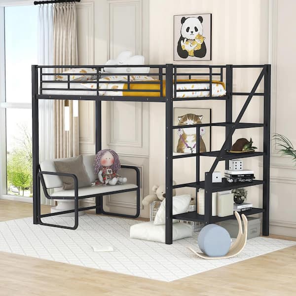Harper & Bright Designs Black Twin Size Metal Loft Bed with Bench and Storage Staircase