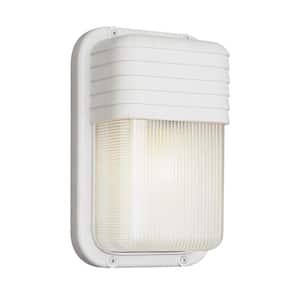 Mesa 10 in. 1-Light White Rectangular Bulkhead Outdoor Wall Light Fixture with Ribbed Acrylic Shade