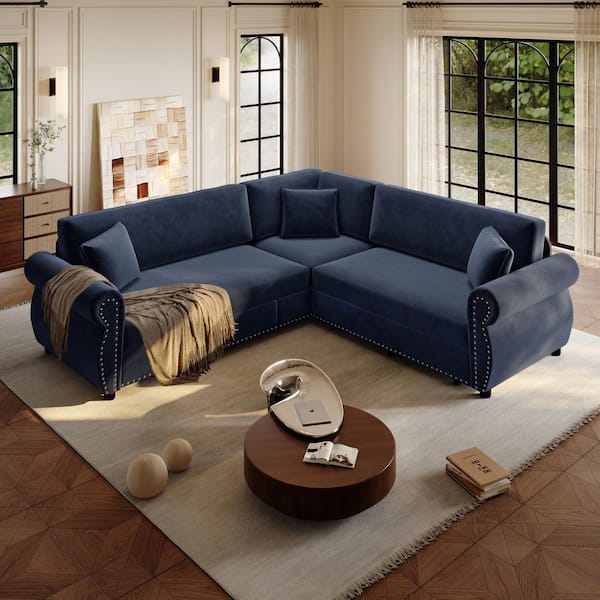 Tina 88.2 in. Rolled Arm Chenille Upholstery L-Shaped Sectional Sofa in. Blue with Pull-Out Bed, Nailhead Trim