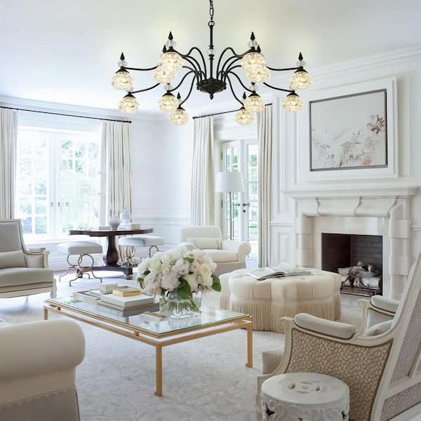 12 Lights Black Vintage Crystal Chandelier Farmhouse Round Hanging Light Fixture for Dining Room Living Room Bedroom