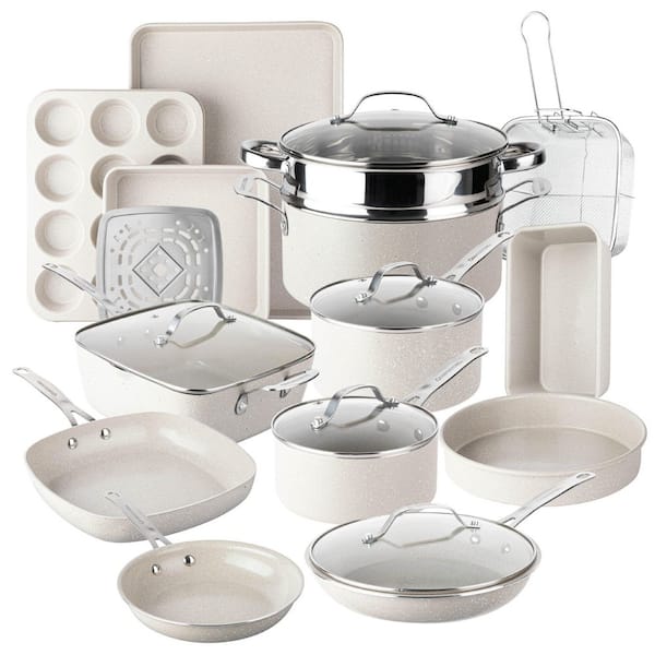 Ceraluxe 20-Piece Aluminum Ceramic Nonstick Cookware and Bakeware Set in Cream