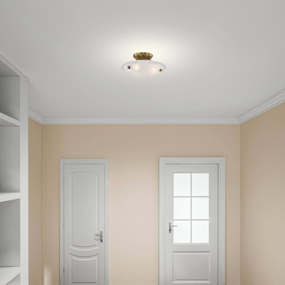 Antique Brass 3-Light Flush Mount with White Alabaster Glass