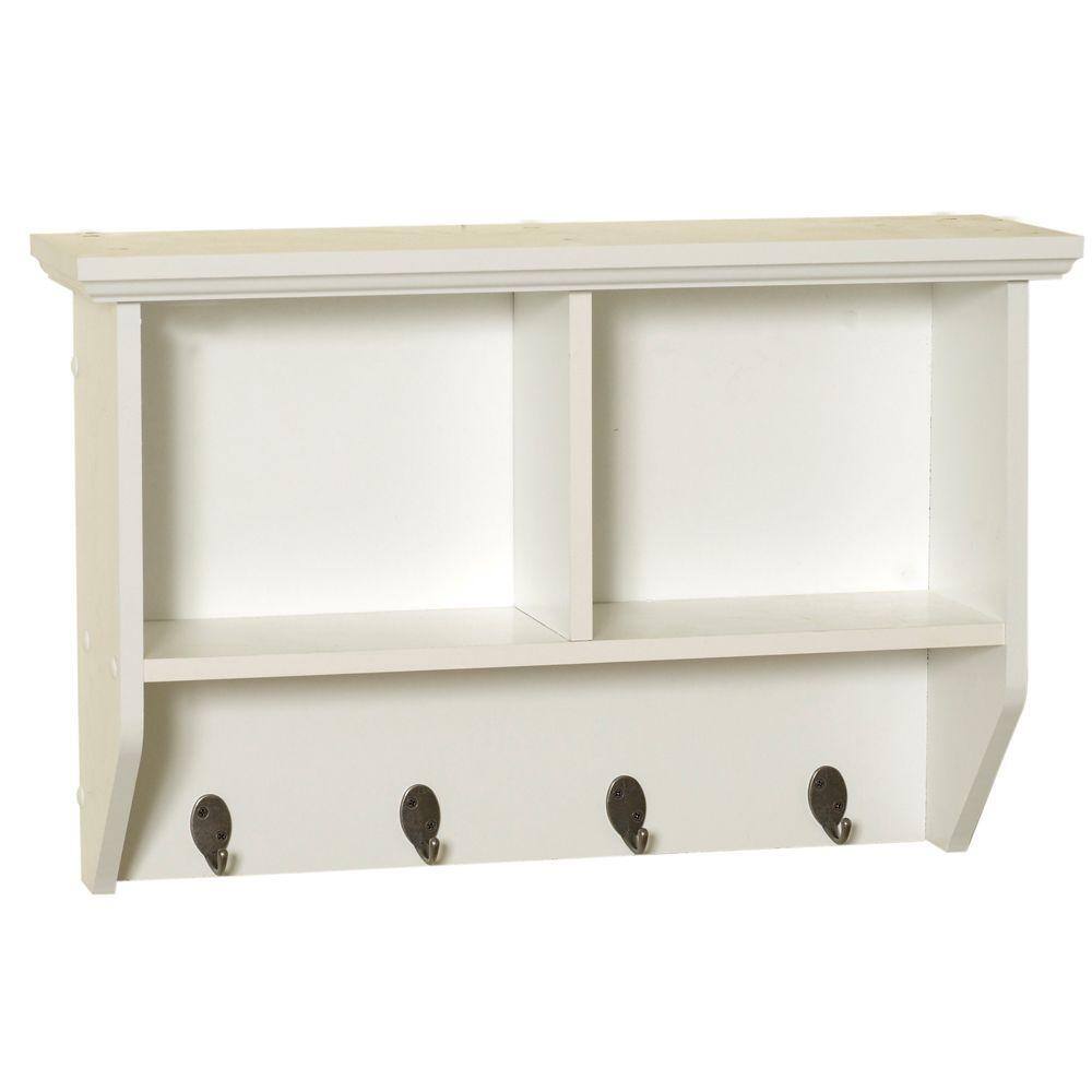 white shelf with hooks for bathroom