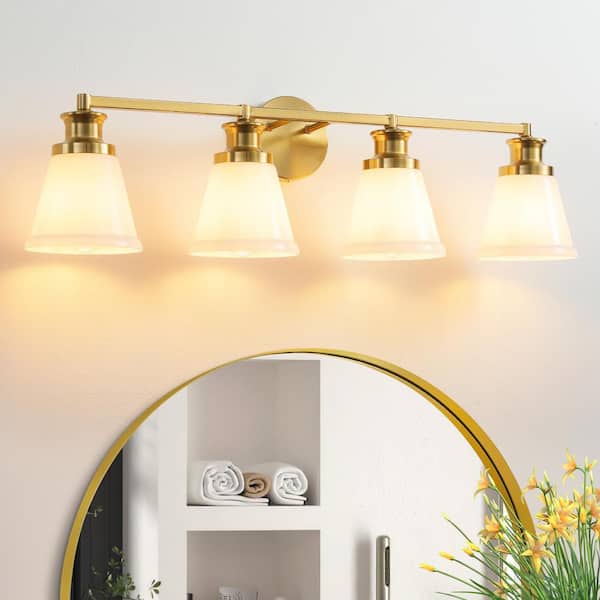 32 in. 4 Light Brushed Gold Modern Vanity Light with Milk White Glass Shade Farmhouse Bathroom Light Fixture Wall Sconce