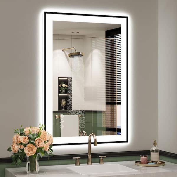 24 in. W. x 36 in. H Rectangular Framed Front and Back LED Lighted Anti-Fog Wall Bathroom Vanity Mirror Tempered Glass