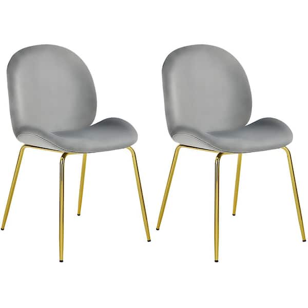 Costway Velvet Accent Chairs Dining Side Chairs with Gold Metal Legs Grey ((Set of 2))