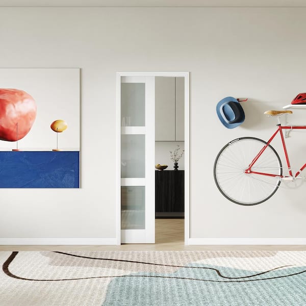 24 in. x 80 in. 3 Lite Tempered Frosted Panel MDF, White Primed Pocket Door Frame, Hardware Included