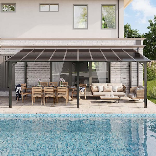 20 ft. x 10 ft. Wall-Mounted Sloped Roof Hardtop Gazebo with Polycarbonate Panels in Black