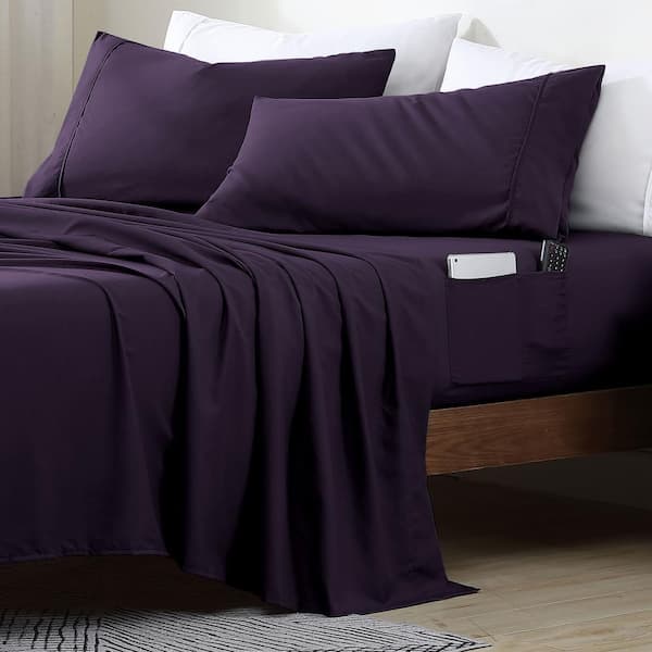 Full Size Microfiber Sheet Set with 8 in. Double Storage Side Pockets, Eggplant