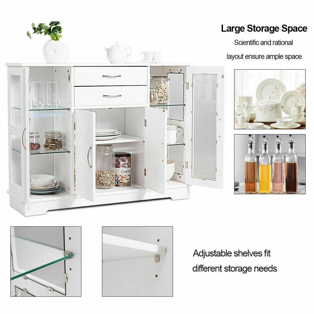 White Buffet Storage Cabinet with Glass Doors and Drawers
