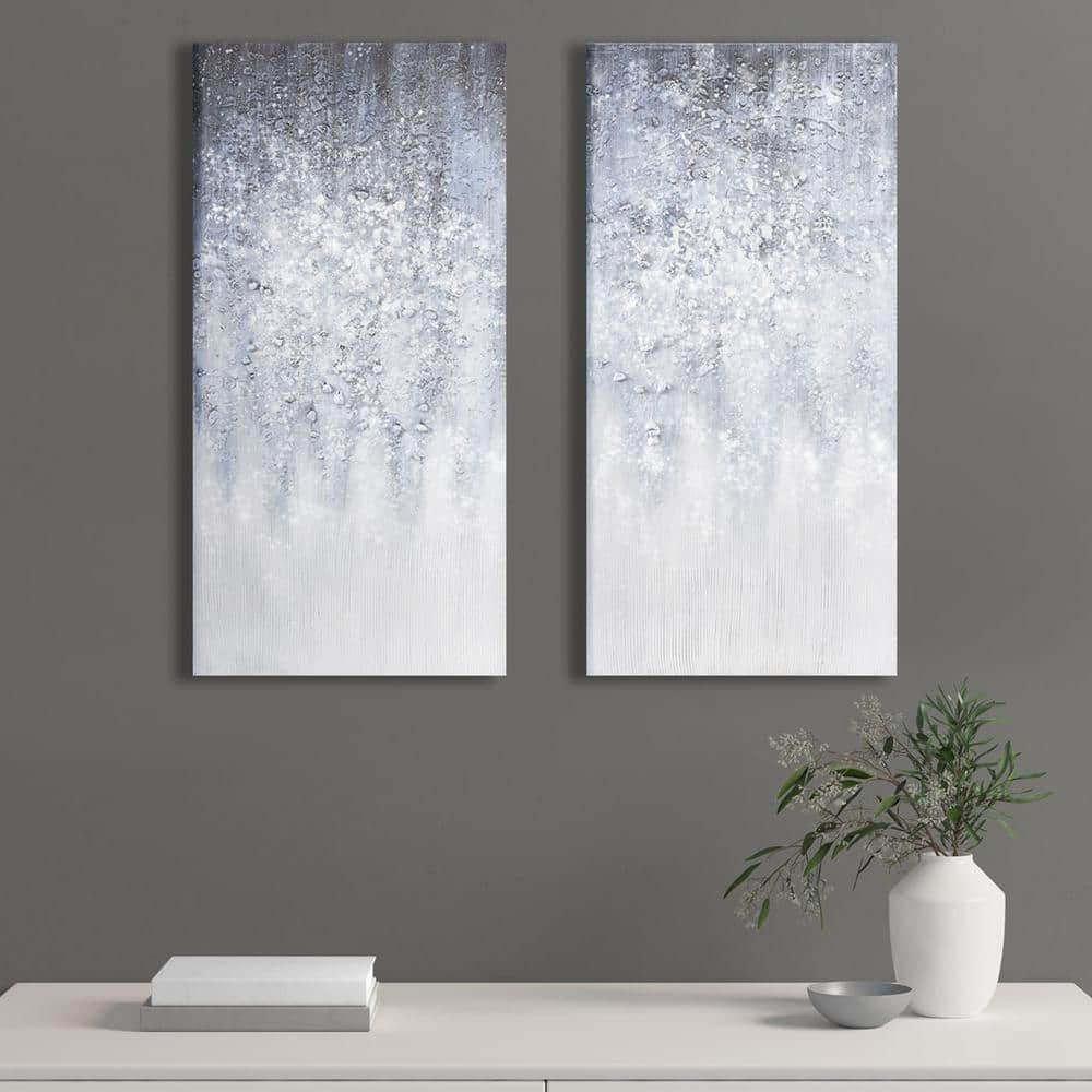 Winter Glaze Blue and White Abstract Embellished Canvas Art 15"x30"