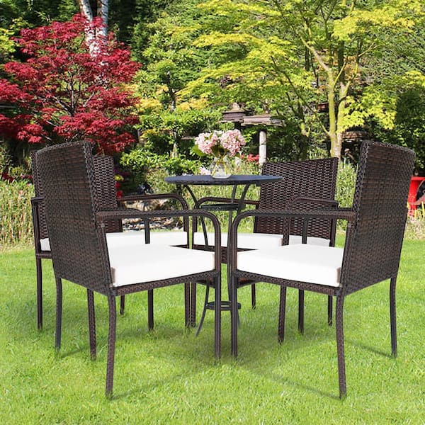 Cushioned Rattan Wicker Dining Chairs Patio Outdoor with Beige Cushion Armrest (Set of 4)