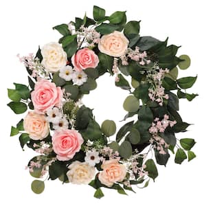 24 in. Artificial Rose, Camellia, Babysbreath Floral Spring Wreath with Green Leaves