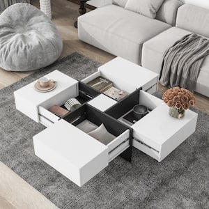 31.5 in. White Square Wood Coffee Table with 4 Hidden Storage Compartments, Extendable Sliding UV High-Gloss Tabletop