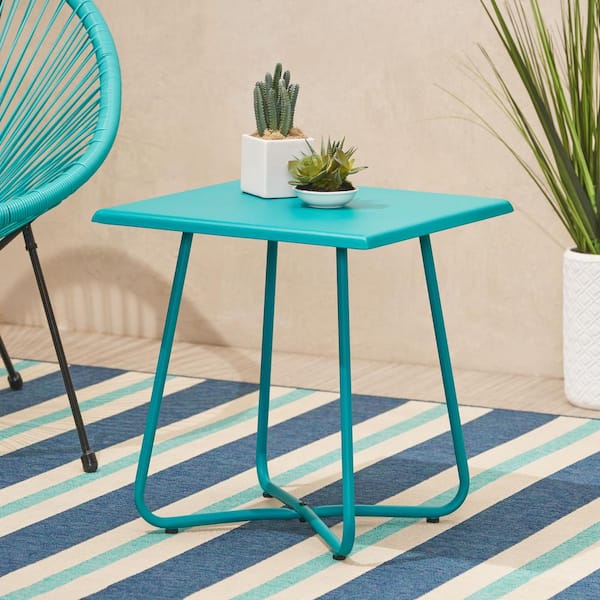 Unbranded Hot Seller 18 in. Outdoor Patio Modern Square Side Table with Steel X-shape Legs, Teal