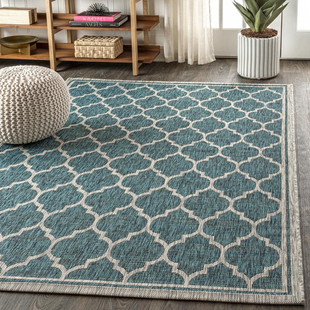 Gray and Teal Synthetic Trellis 4' x 6' Reversible Rug