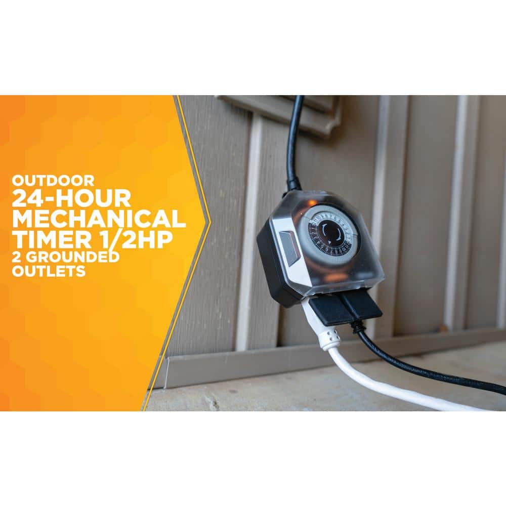 Black Outdoor Mechanical Timer with Safety Cover and 2 Outlets