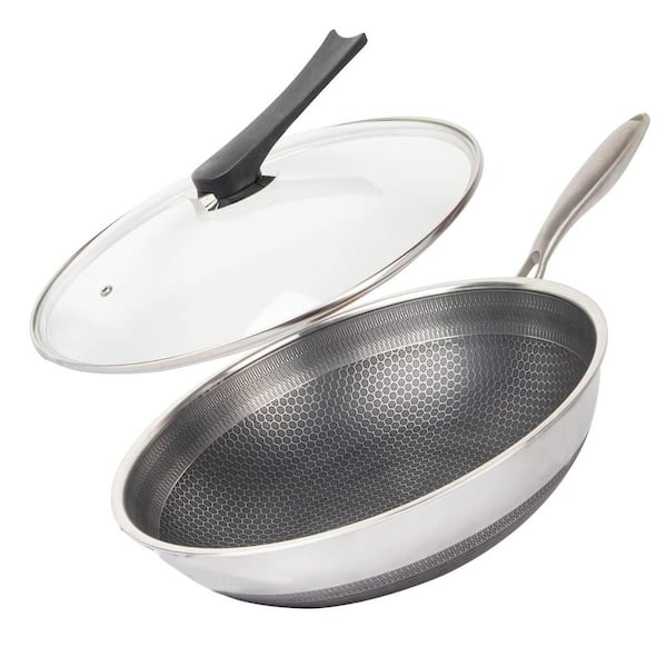 12.5 in. Stainless Steel Honeycomb Nonstick Wok Pan with Lid Induction Safe Stay Cool Handle for Cooktops
