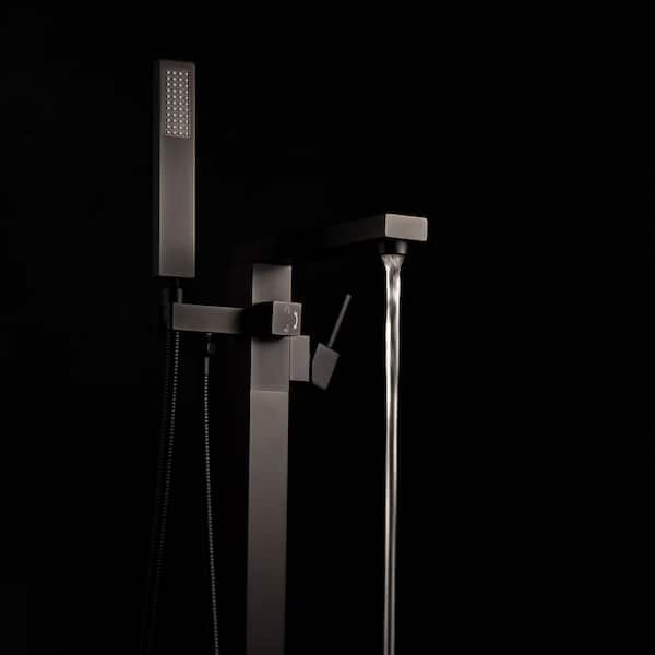 1-Handle Freestanding Floor Mount Roman Tub Faucet Bathtub Filler with Hand Shower in Matte Black