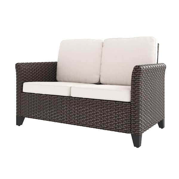 2-Seat Wicker Outdoor Patio Sofa Sectional Couch with Beige Cushions