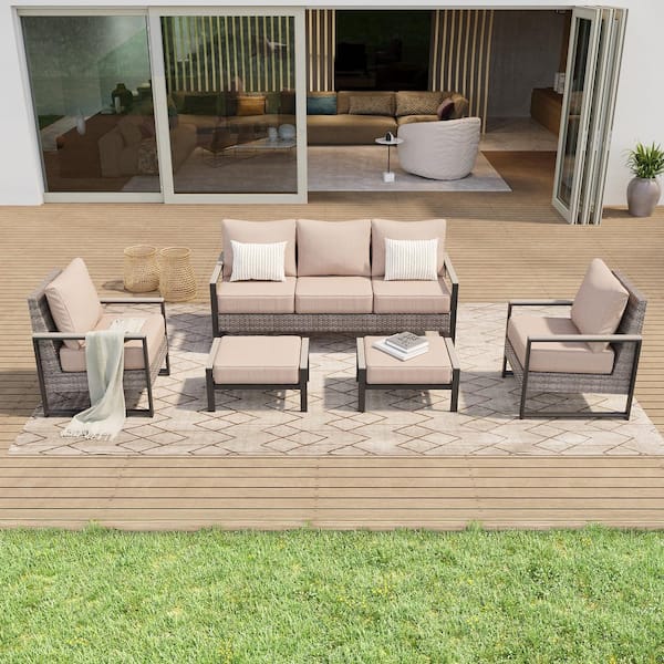 5 Pieces Patio Conversation Set with Ottomans, All-Weather Patio Sofa PE Rattan Gray Wicker with Sand Cushion
