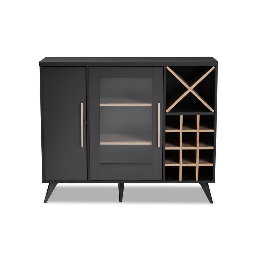 Pietro Mid-Century Dark Grey and Oak 24-Bottle Wine Cabinet