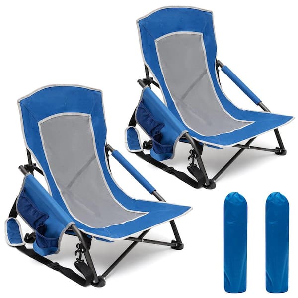 Mondawe 2-Piece Blue Metal Patio Folding Beach Chair Lawn Chair Camping Chair with Side Pockets and Built-in Shoulder Strap