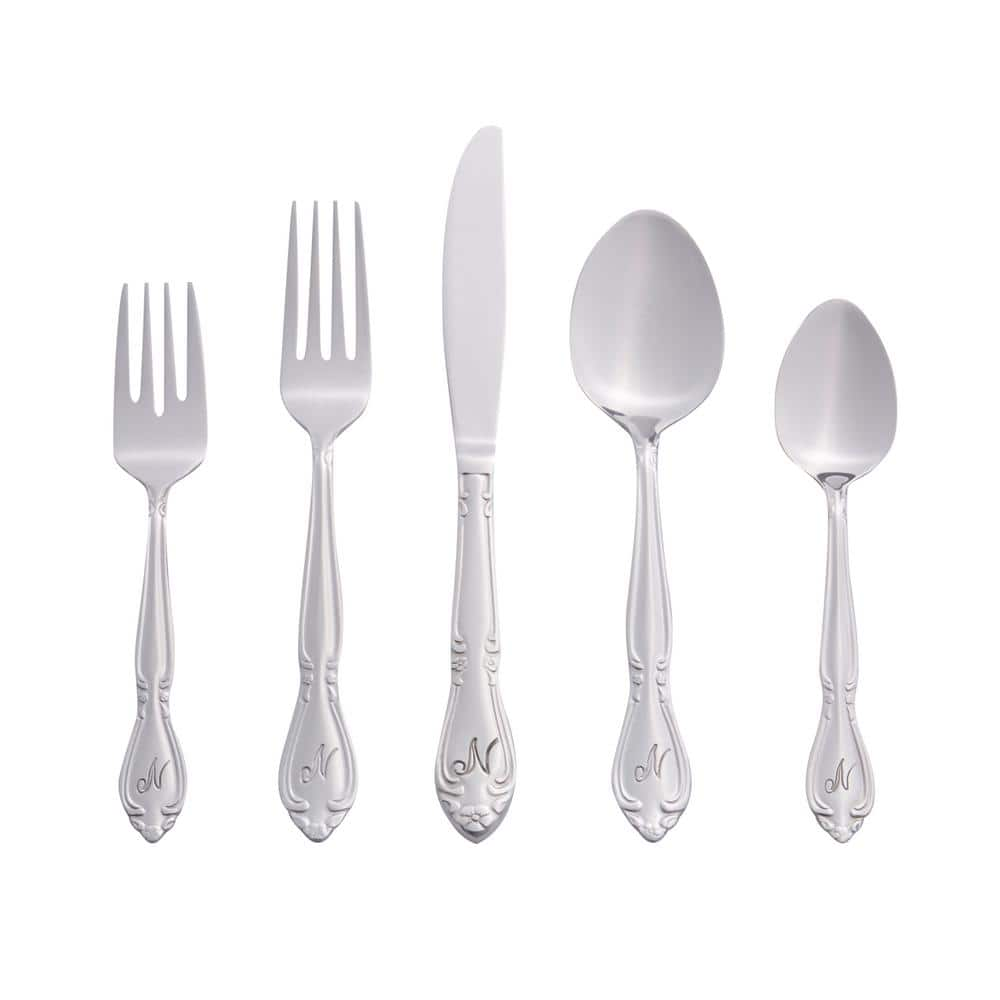 RiverRidge Home Rose Monogrammed Letter N 46-Piece Silver Stainless Steel Flatware Set (Service for 8)