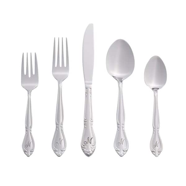 RiverRidge Home Rose Monogrammed Letter N 46-Piece Silver Stainless Steel Flatware Set (Service for 8)