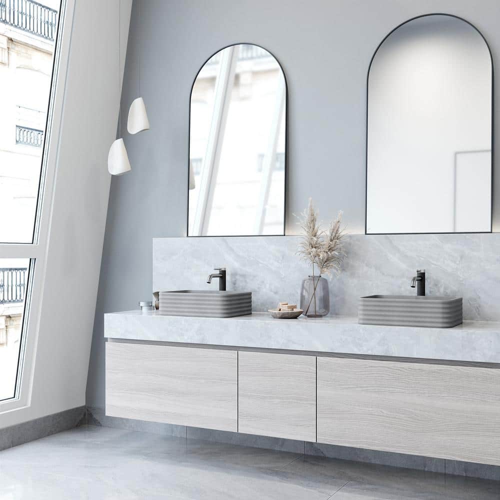 Gray Concrete Rectangular Vessel Sink with Brushed Nickel Faucet