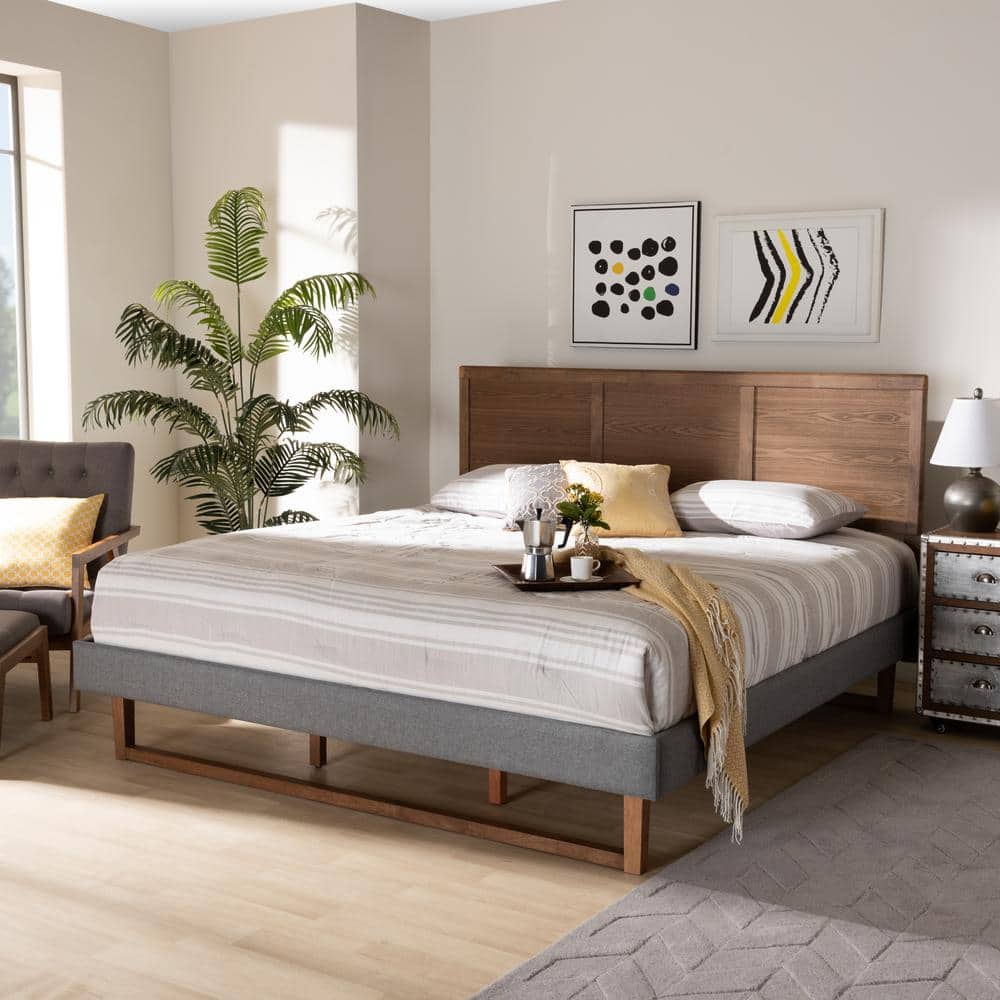 King Size Dark Gray Upholstered Wood Platform Bed with Adjustable Headboard