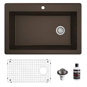 QT-670 Quartz/Granite 33 in. Single Bowl Top Mount Drop-In Kitchen Sink in Brown with Bottom Grid and Strainer