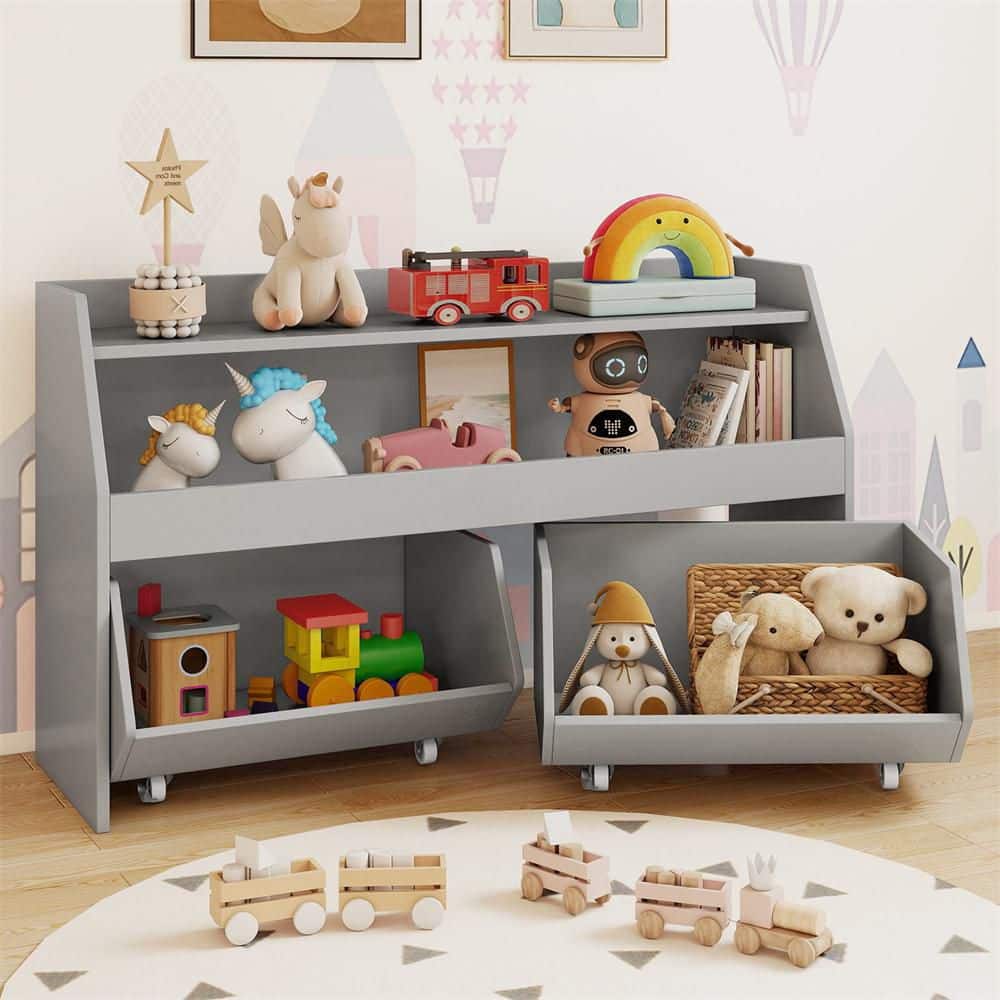 40 in. Toy Storage Organizer Toddler Bookcase Wooden Bookshelf Gray