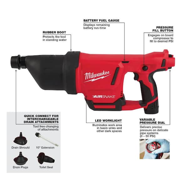 Milwaukee M12 12V Lithium-Ion Cordless Drain Cleaning Airsnake Air