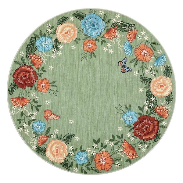 Garvee Wavy Edge Decorative Machine Washable Vintage Floral Printed Carpet for Bedroom Apartment Green 4 ft. x 4 ft. Area Rug