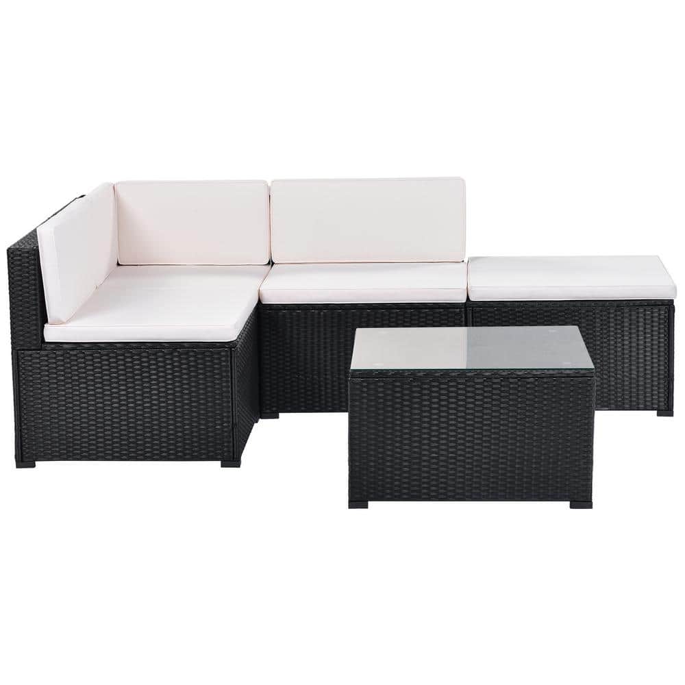 Afoxsos 5Piece Patio Rattan PE Wicker Outdoor Corner Sectional Sofa Set with Beige Cushions