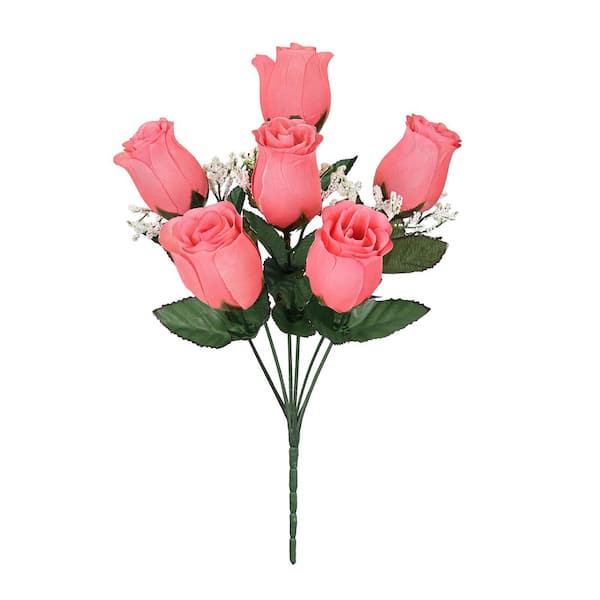 LIVING LUXURY 14 in. Coral Pink Artificial Rose Bud Flower Stem Bush Bouquet (Set of 12)