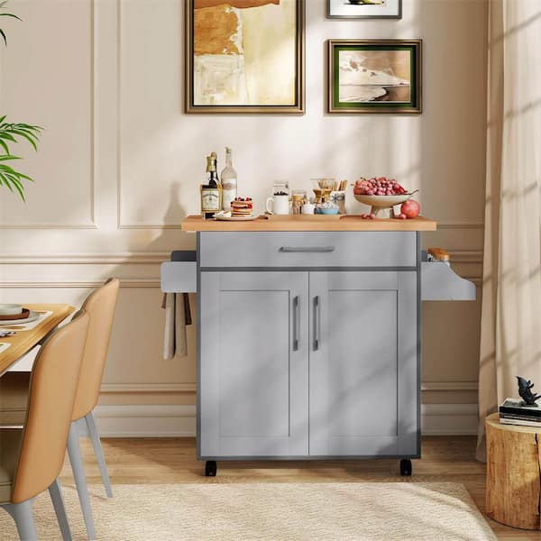 Rolling Kitchen Gray Island Cart Storage Cabinet with Towel and Spice Rack