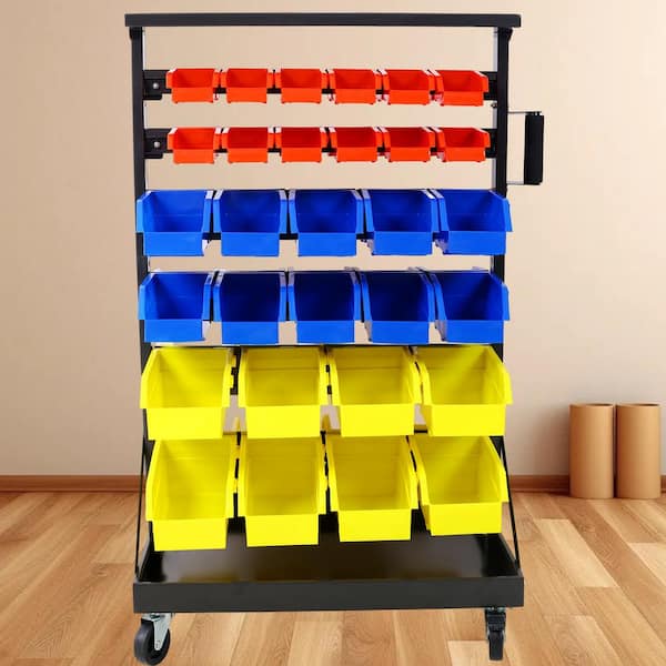 Tileon 6-Tier Black Dual-Sided Rolling Storage Rack with Tray and Casters, 350 lbs. Capacity, 60 Organizer Bins for Garage