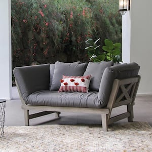 Tulle Weathered Gray Wood Outdoor Convertible Sofa Day Bed with Gray Cushion